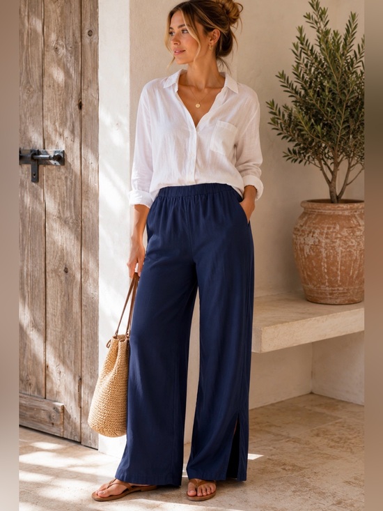 Emery Rose Pants - Emery Rose Navy Wide Leg Side Slit Pants XXL Casual Coastal